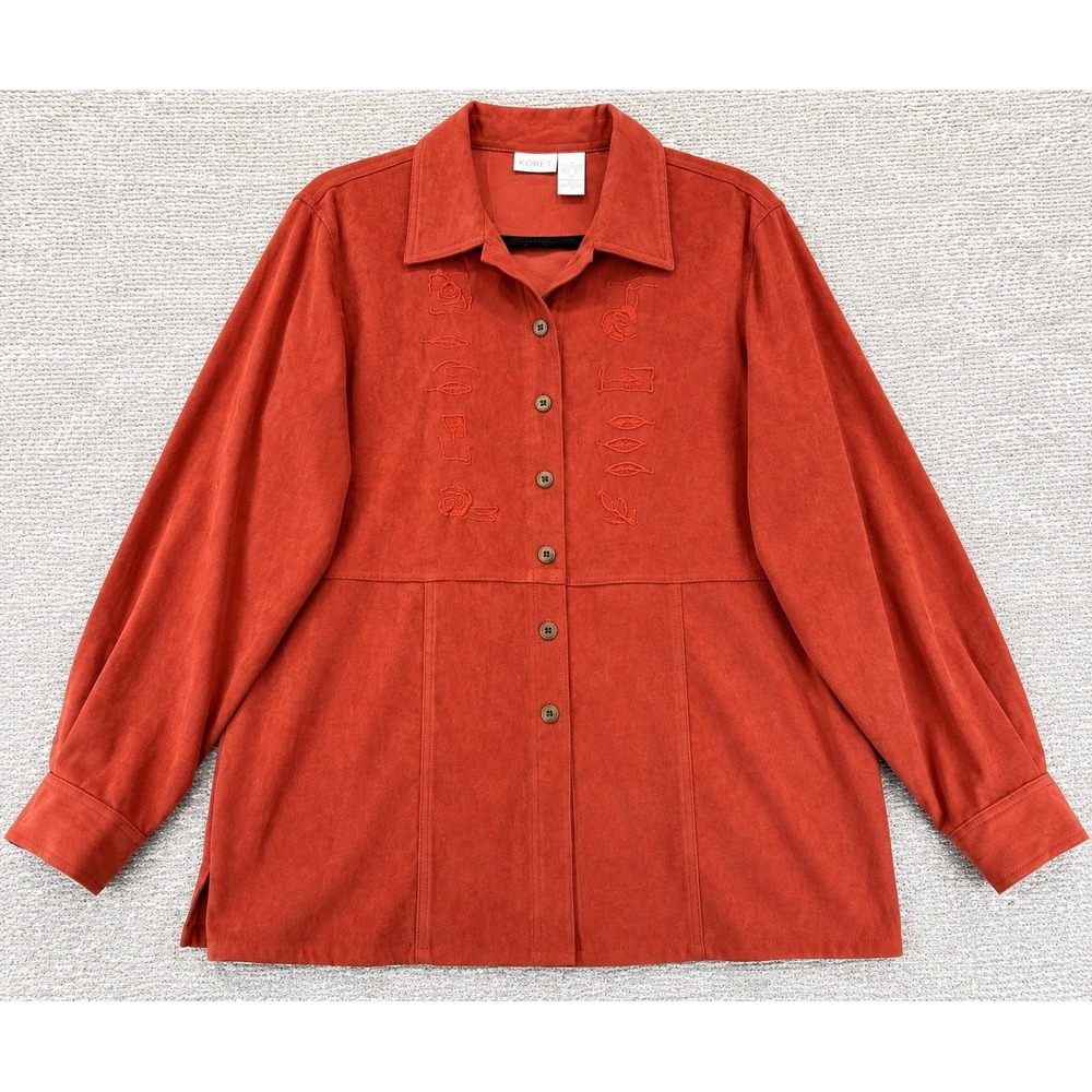 Koret Womens Rust Orange Embroidered Faux Suede Button Down Shirt Jacket Large‎